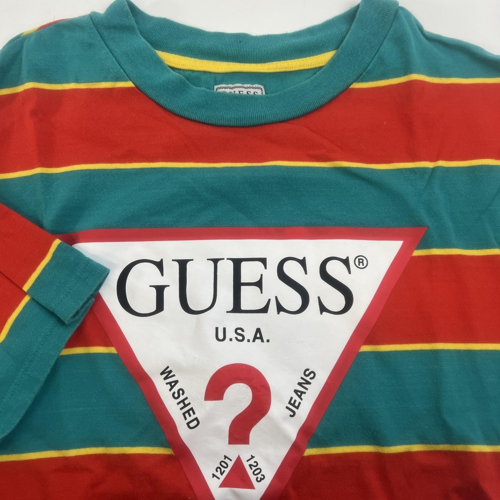 Guess Shirt Mens Medium Red Green Stripe Triangle Logo Graphic Streetwear